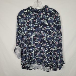 Ulla Popken Navy Floral Paisley Print Roll-Tab Sleeve Viscose Popover Blouse